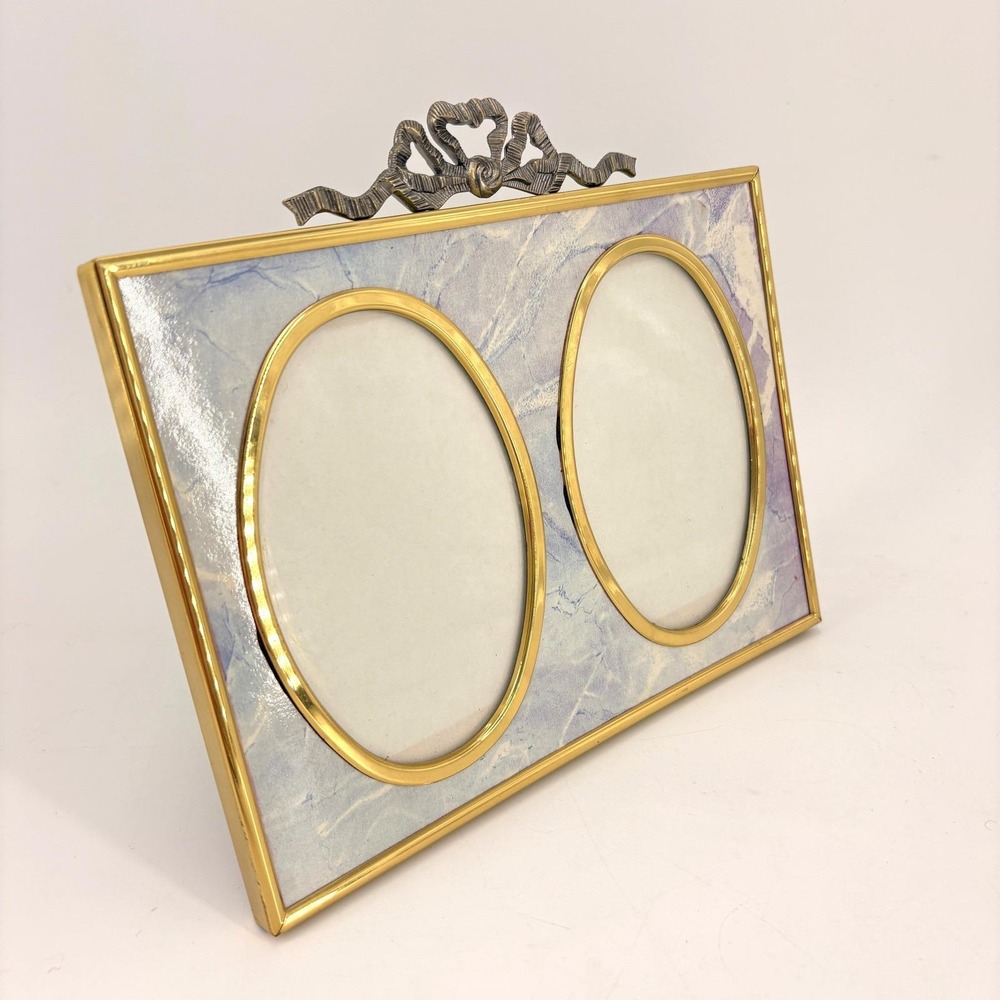 Burnes of Boston Double Oval Picture Frame Hollywood Regency Brass Vintage Bow